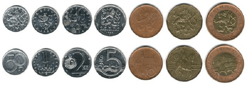 Монеты и купюра чешской кроны внешний вид